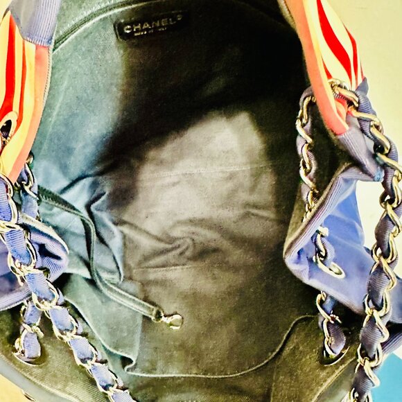 AUTHENTIC CHANEL CRUISE LINE CHAIN STRAP RED WHITE BLUE STRIPE RESORT VINTAGE - Picture 12 of 16